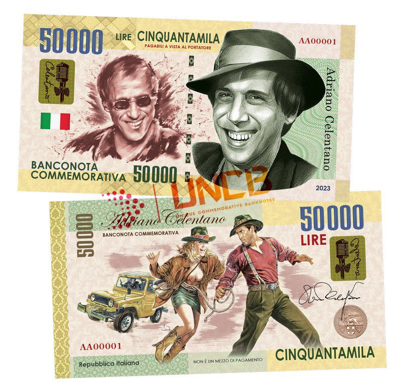 Adriano Celentano 50 000 Lira UNCB banknote by UNCB on MYNTED