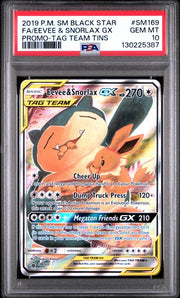 PSA 10 GEM MINT - BLACK STAR PROMO #SM169 FA/EEVEE & SNORLAX GX PROMO-TAG TEAM TINS