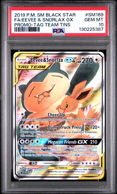 PSA 10 GEM MINT - BLACK STAR PROMO #SM169 FA/EEVEE & SNORLAX GX PROMO-TAG TEAM TINS