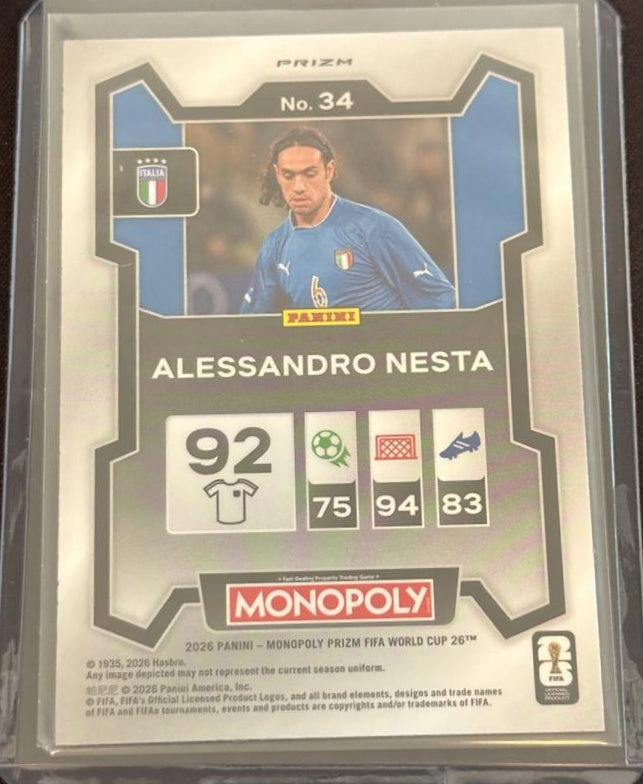 2026 Panini Prizm Monopoly FIFA World Cup Alessandro Nesta #34 Blue Wave