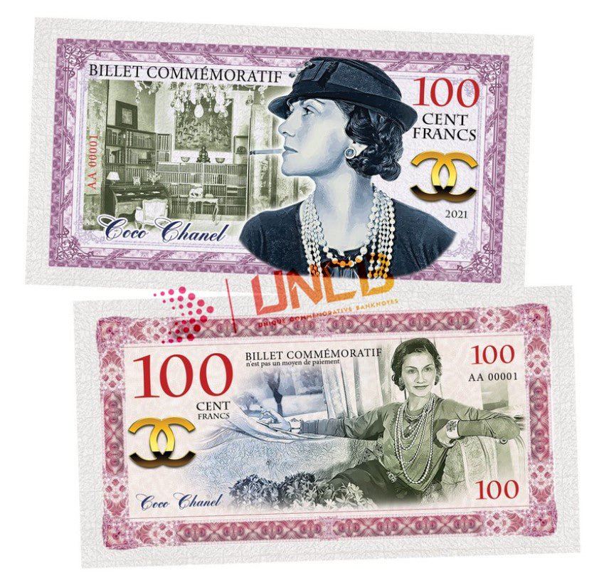 Coco Chanel 100 Cent Francs UNCB banknote by UNCB on MYNTED