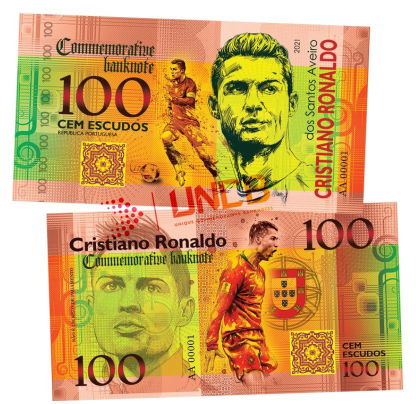 Cristiano Ronaldo 100 Escudos UNCB banknote by UNCB on MYNTED