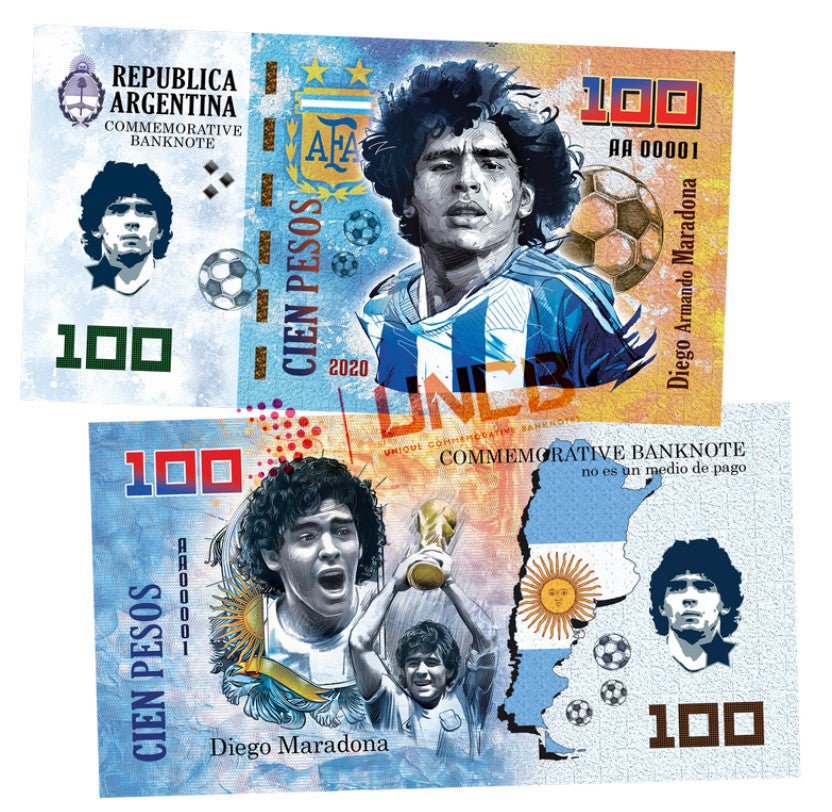 Diego Maradona 100 Pesos UNCB banknote by UNCB on MYNTED