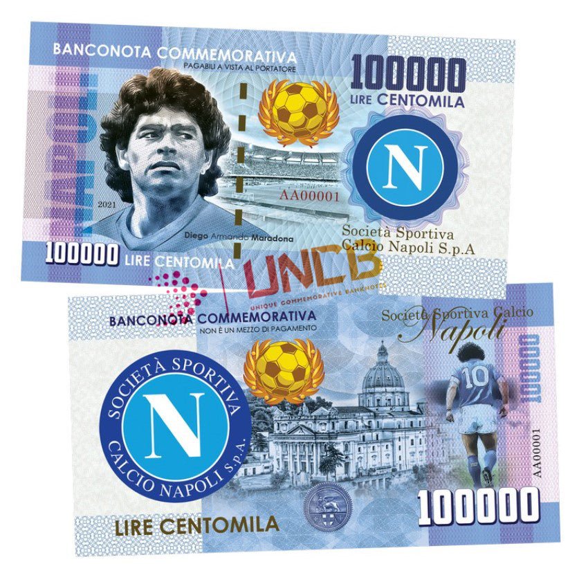 Diego Maradona 100000 Lira UNCB banknote by UNCB on MYNTED