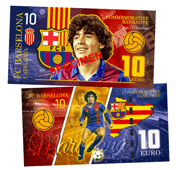 Diego Maradona FC Barcelona - SPECIMEN 10 euro UNCB banknote by UNCB on MYNTED