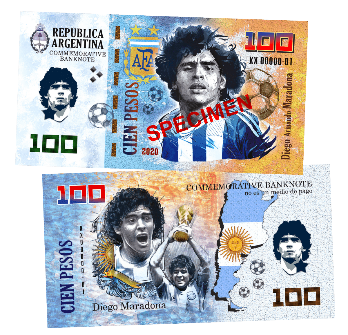 Diego Maradona - SPECIMEN 100 Pesos UNCB banknote by UNCB on MYNTED