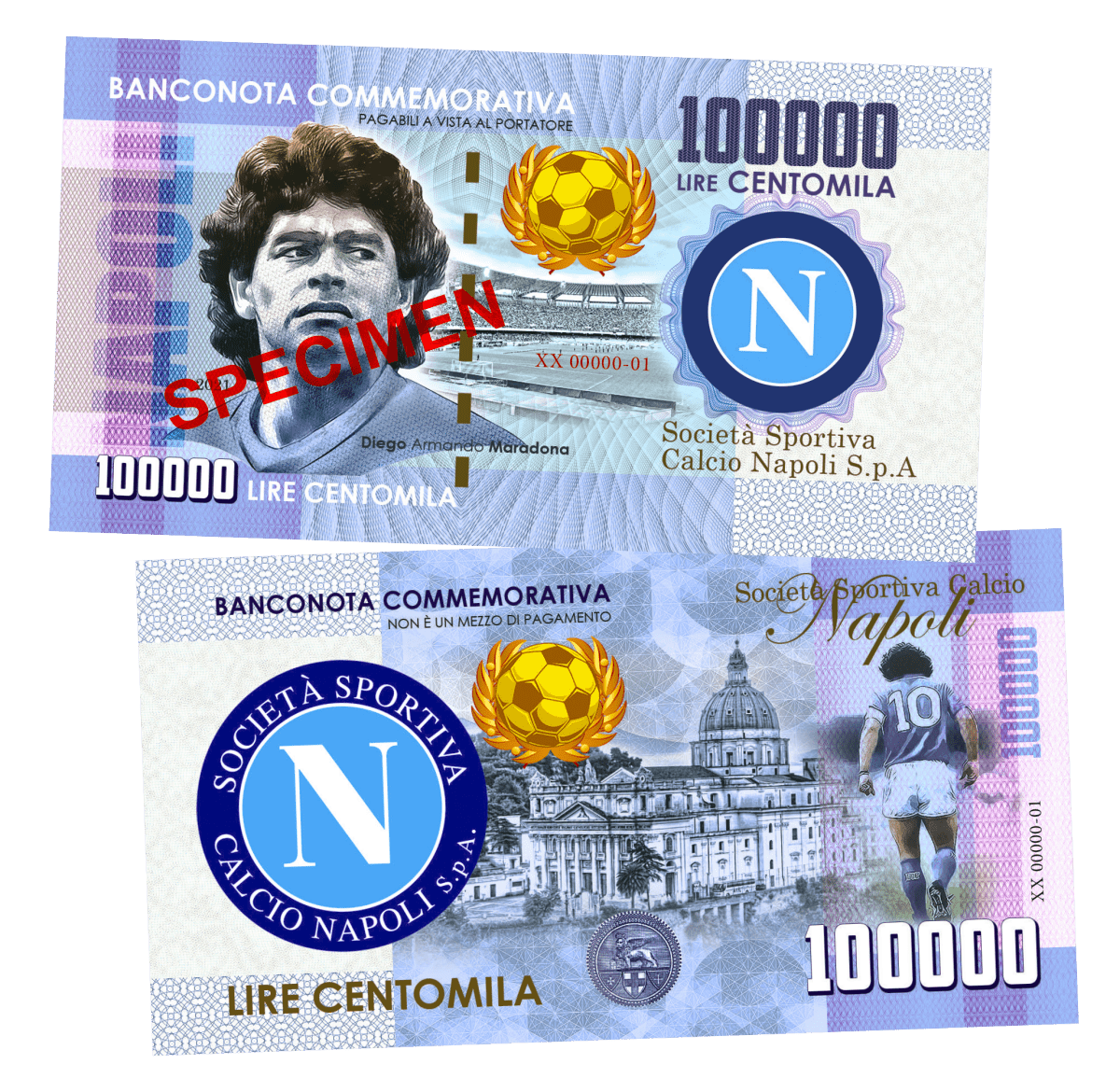 Diego Maradona - SPECIMEN 100000 Lira UNCB banknote by UNCB on MYNTED