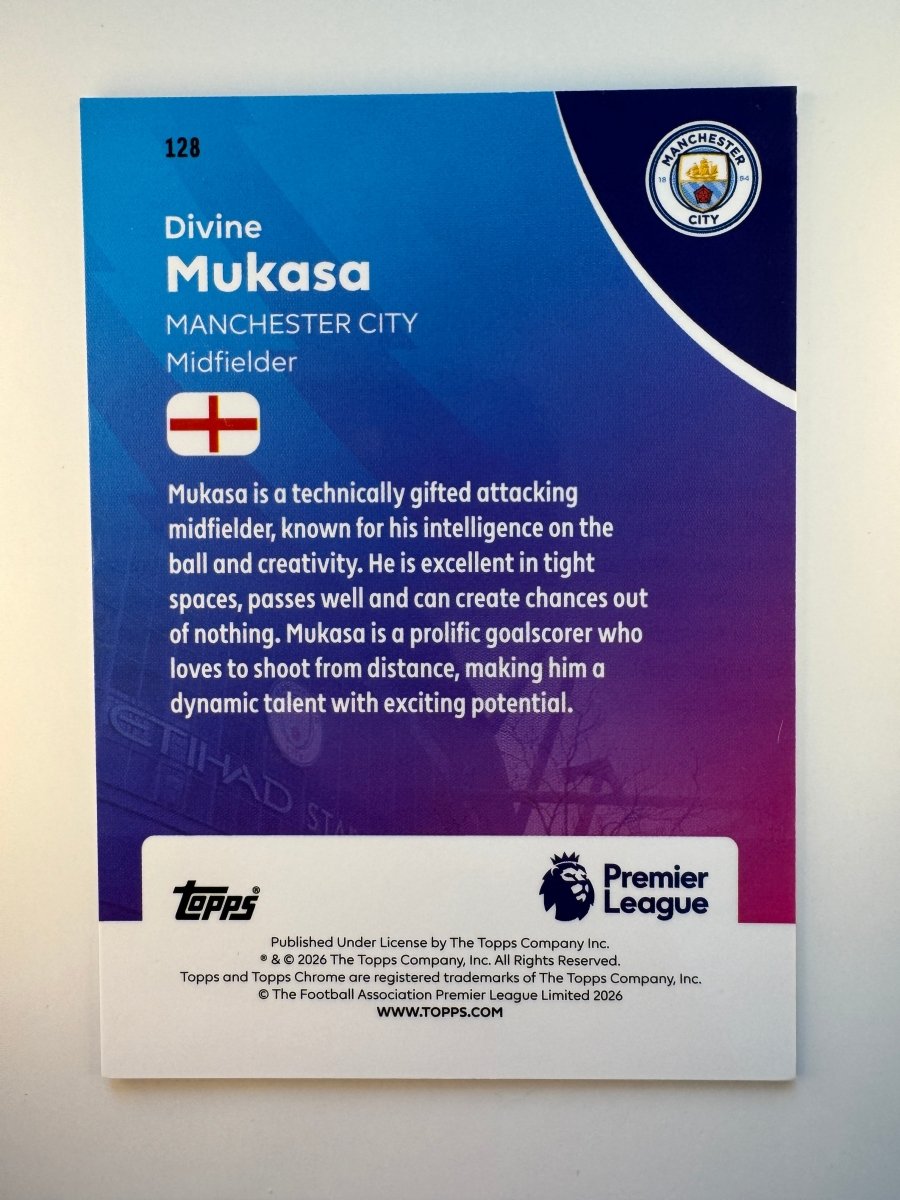 Divine Mukasa 128 Wave Refractor — 2026 Topps Chrome Premier League — Manchester City Rookie Card by KitRoom Cards on MYNTED