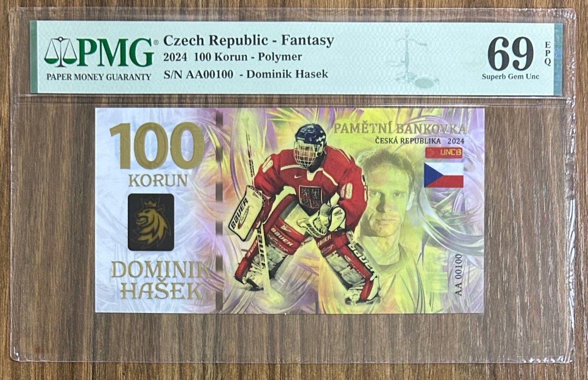 DOMINIK HASEK, Grade 69, S/N AA 00100 \ 100 Korun \ UNCB banknote by UNCB on MYNTED