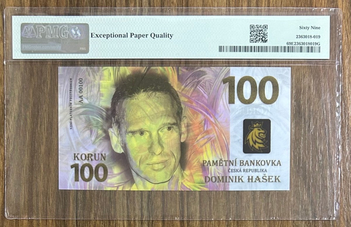 DOMINIK HASEK, Grade 69, S/N AA 00100 \ 100 Korun \ UNCB banknote by UNCB on MYNTED