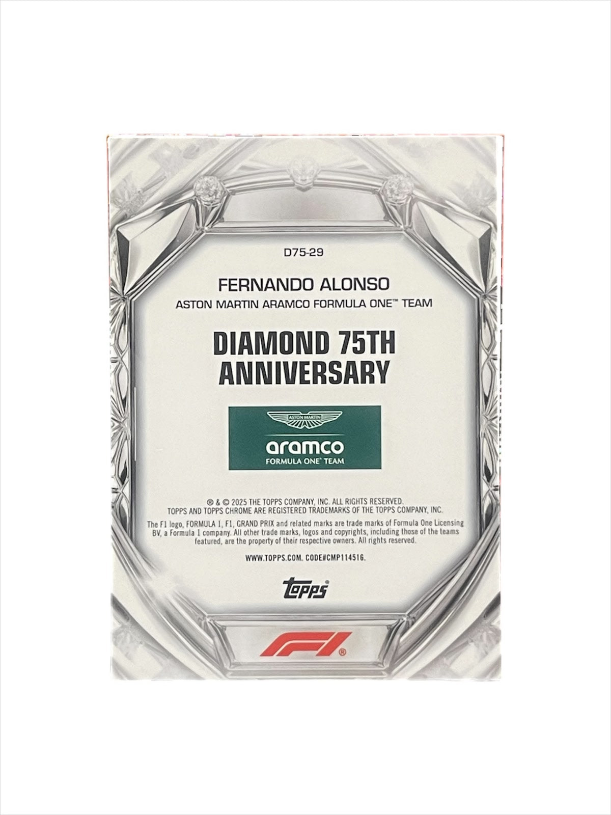 2025 Topps Chrome F1 Fernando Alonso Diamond 75th Anniversary