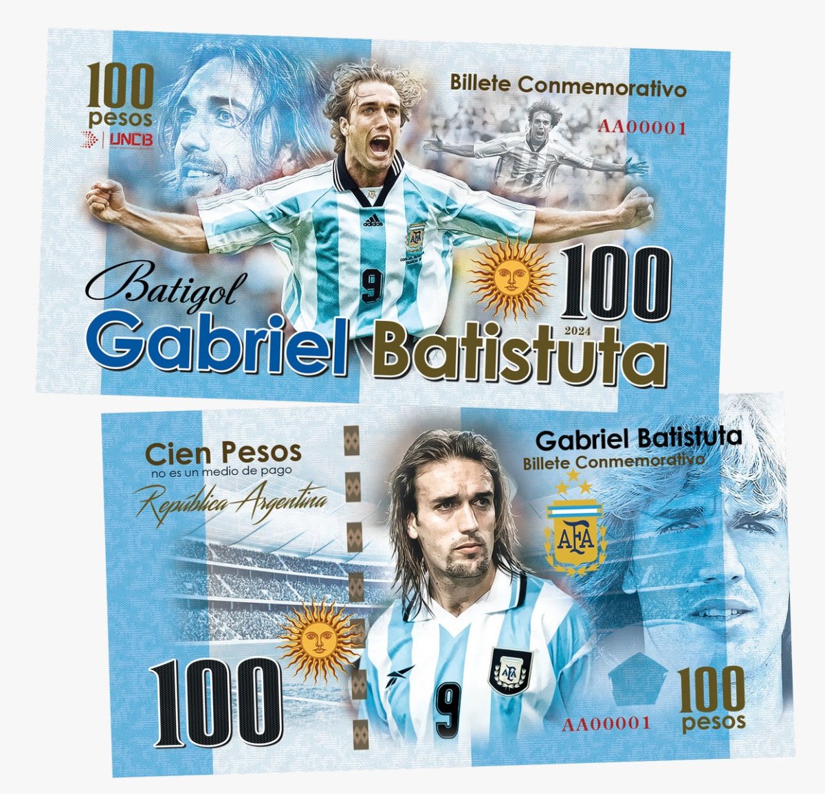 Gabriel Batistuta 100 Pesos UNCB banknote by UNCB on MYNTED