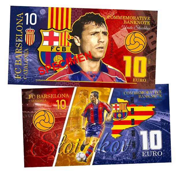 Hristo Stoitchkov FC Barcelona - SPECIMEN 10 euro UNCB banknote by UNCB on MYNTED