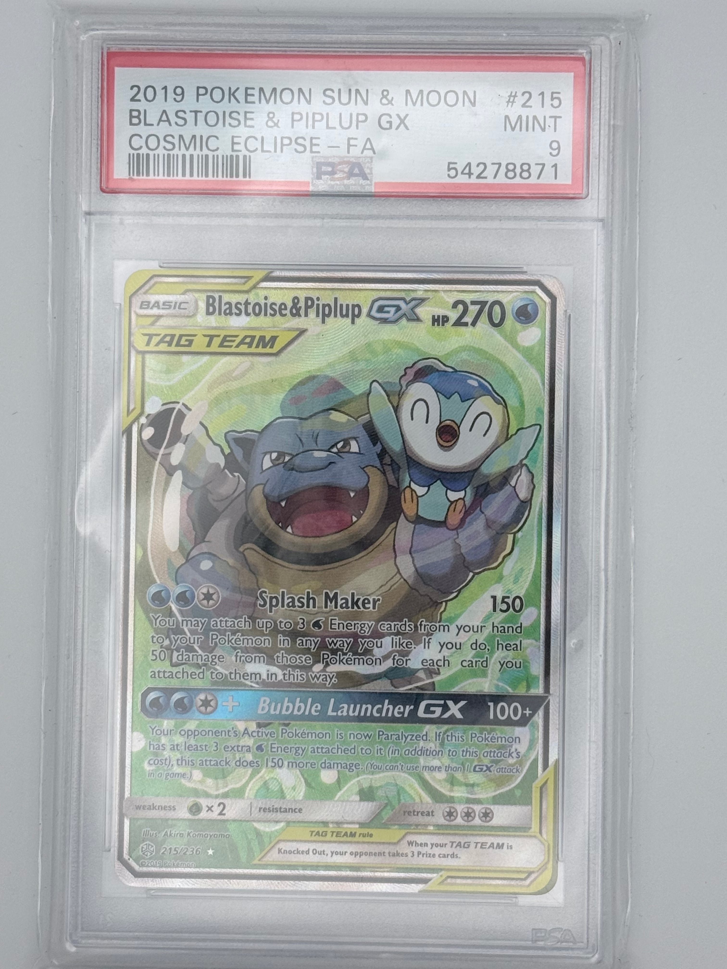 2019 POKEMON SUN & MOON #215 BLASTOISE & PIPLUP GX COSMIC ECLIPSE - FA - PSA 9