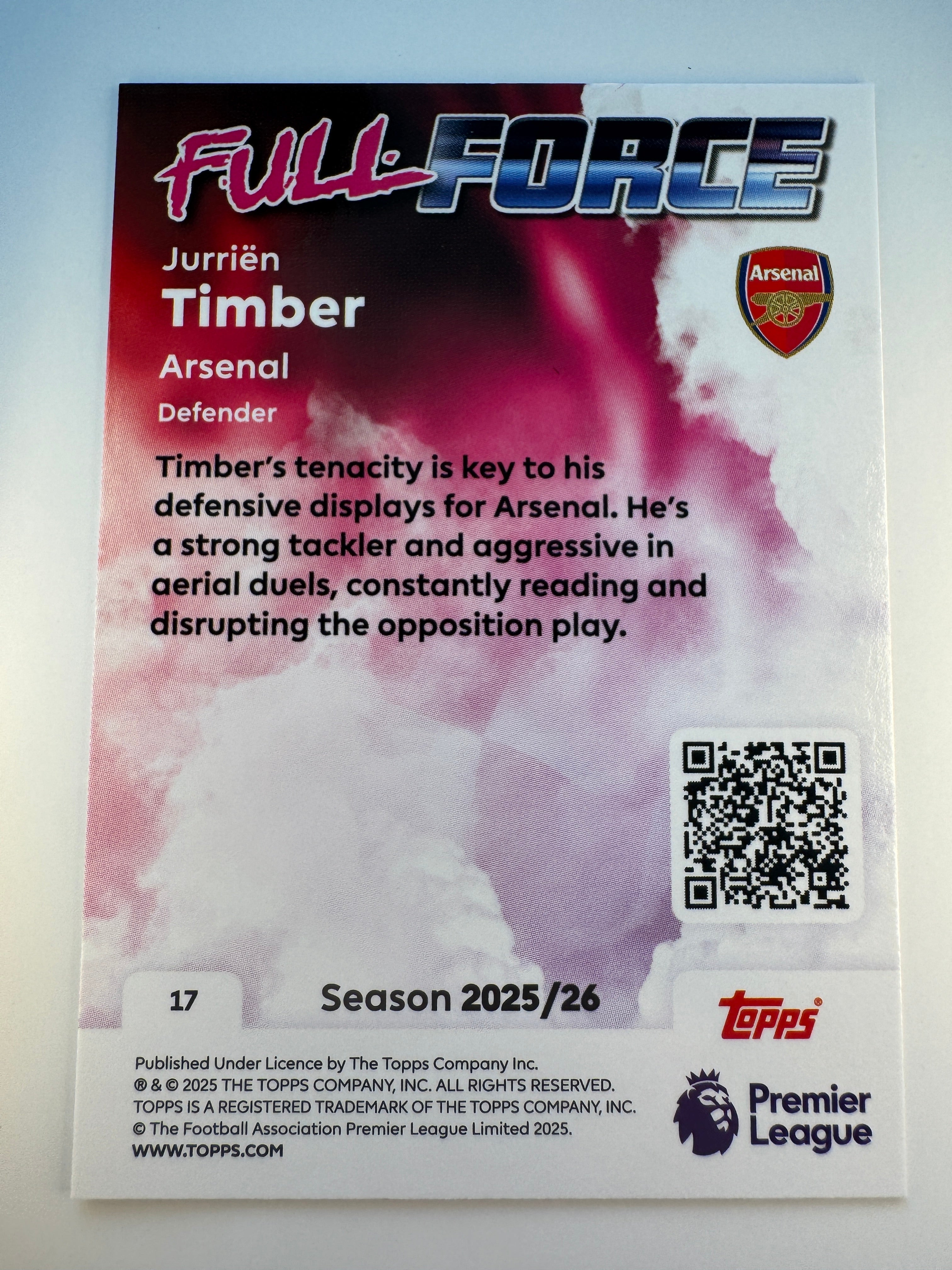 Jurriën Timber Full Force — 2025-26 Topps Premier League — Arsenal
