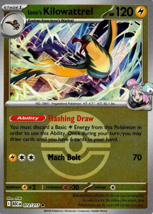 Iono's Kilowattrel - 072/217 (Poke Ball) - ME: Ascended Heroes (ASC) by SAFAQATI on MYNTED