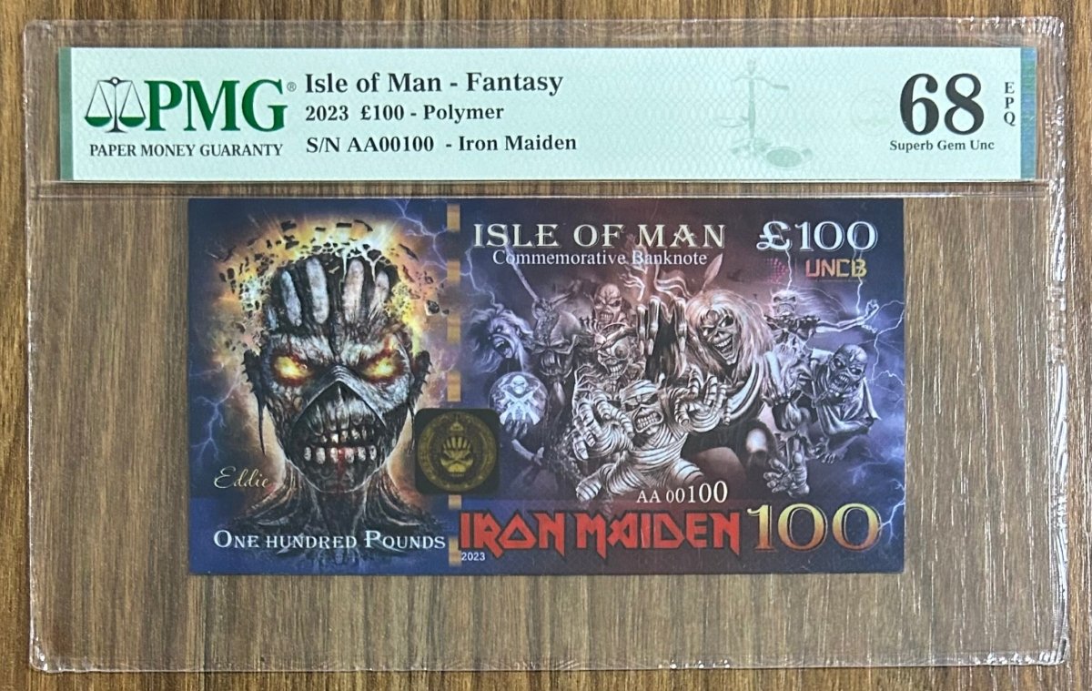 IRON MAIDEN, Grade 68, S/N AA 00100 \ 100 Pounds \ UNCB banknote by UNCB on MYNTED