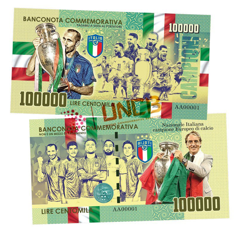 Italian National Team - Champion of Euro 2020 (UEFA 2020) 100 000 Lira UNCB banknote by UNCB on MYNTED