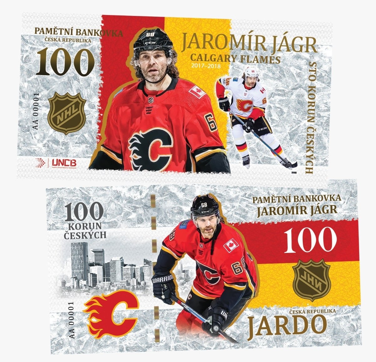 JAROMIR JAGR Club - Calgary Flames 100 Korun UNCB banknote by UNCB on MYNTED