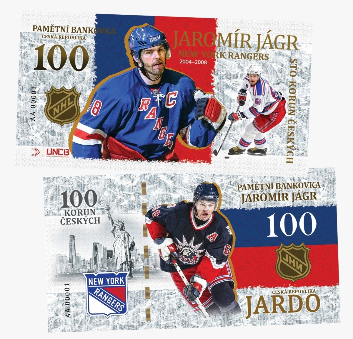 JAROMIR JAGR Club - New York Rangers 100 Korun UNCB banknote by UNCB on MYNTED