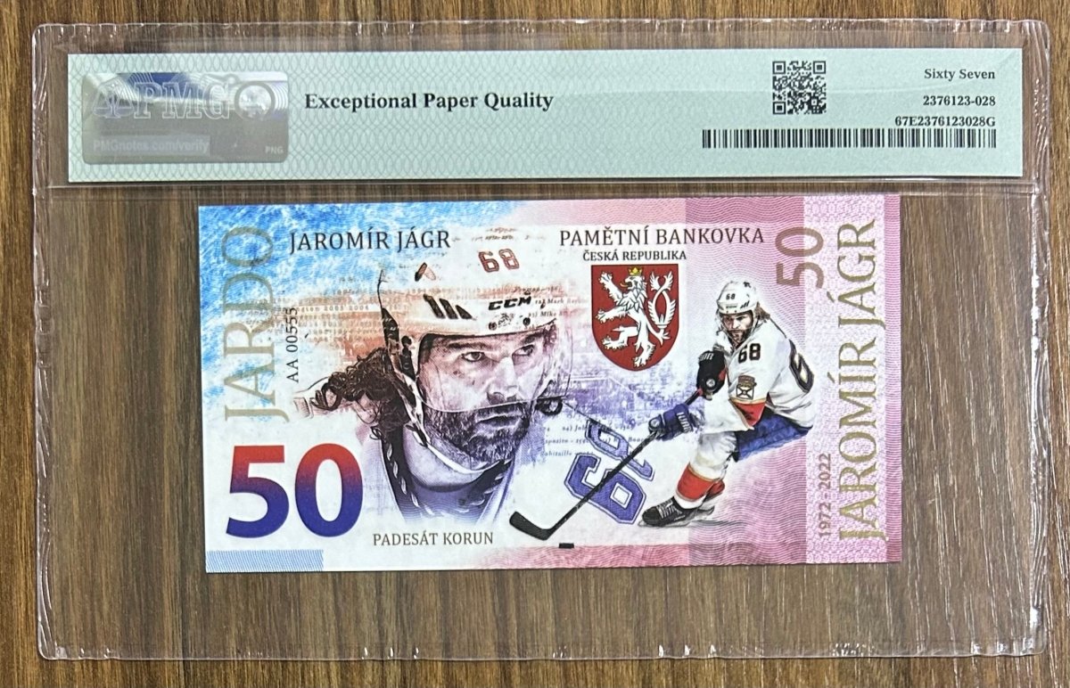 JAROMIR JAGR, Grade 67, S/N AA 00555 \ 50 Korun \ UNCB banknote by UNCB on MYNTED