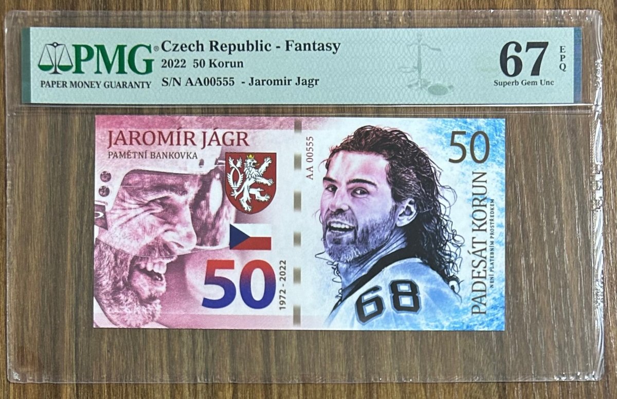 JAROMIR JAGR, Grade 67, S/N AA 00555 \ 50 Korun \ UNCB banknote by UNCB on MYNTED