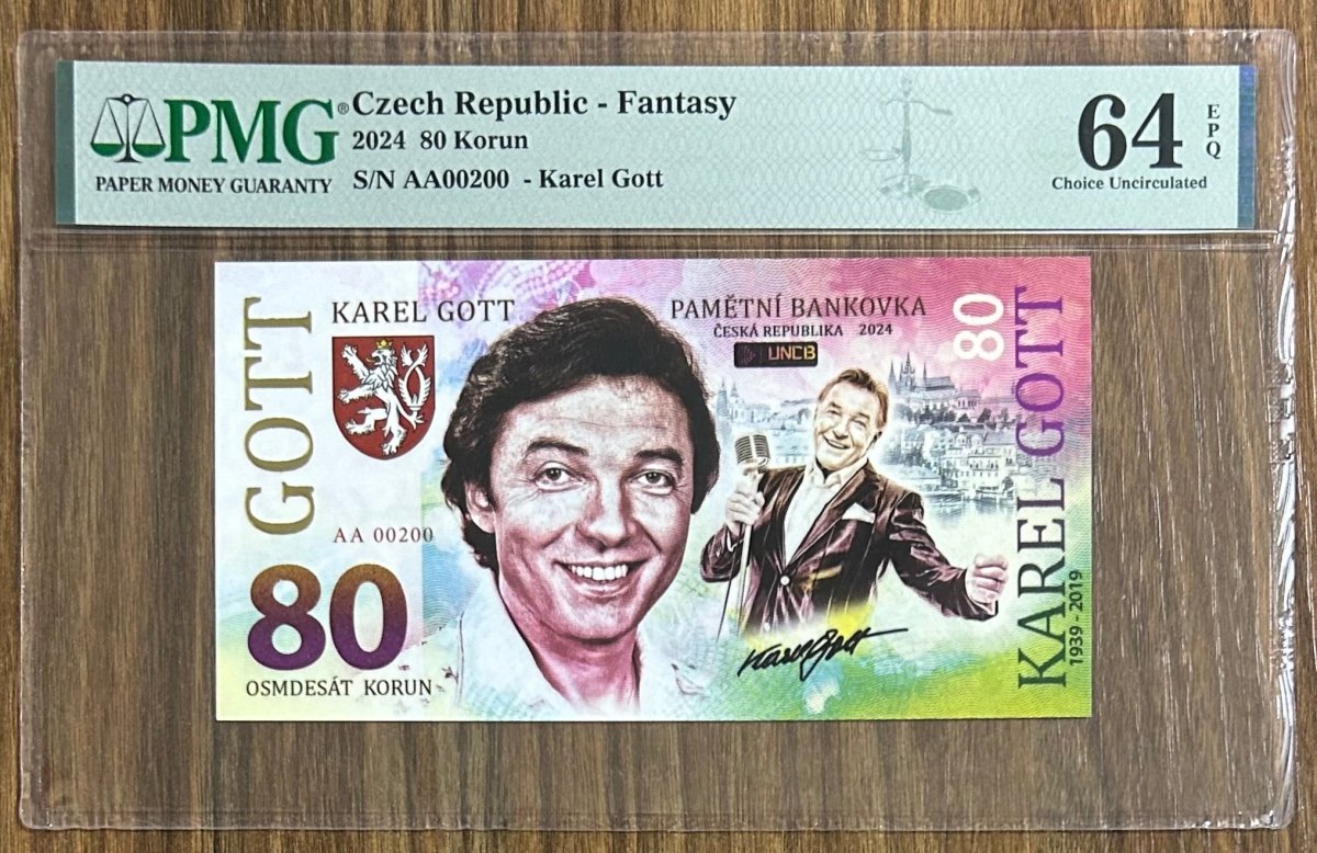 KAREL GOTT, Grade 64, S/N AA 00200 \ 80 Korun \ UNCB banknote by UNCB on MYNTED