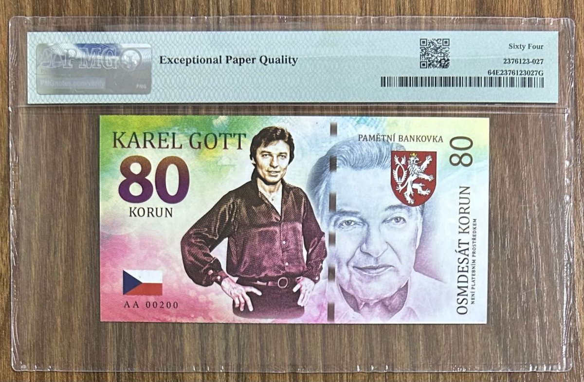 KAREL GOTT, Grade 64, S/N AA 00200 \ 80 Korun \ UNCB banknote by UNCB on MYNTED