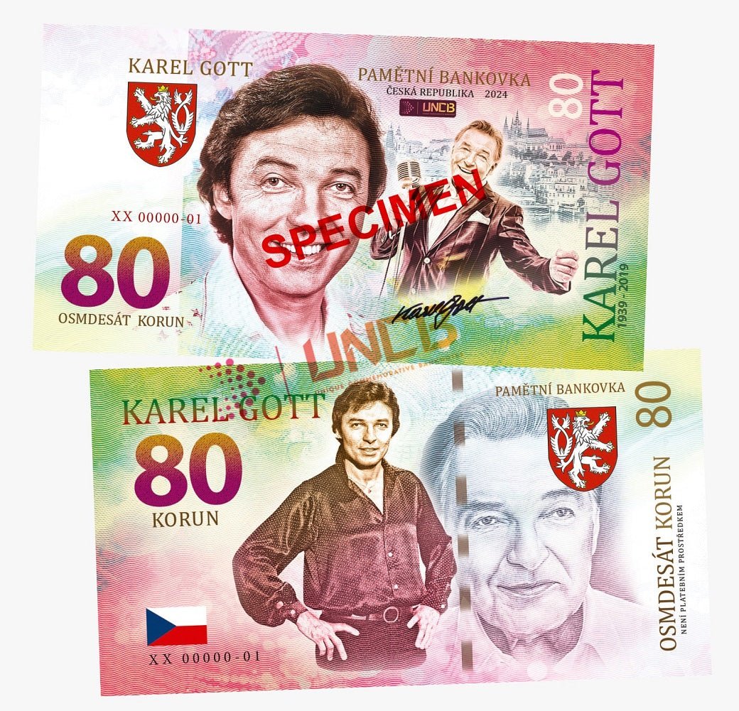 Karel Gott - SPECIMEN 80 Korun UNCB banknote by UNCB on MYNTED