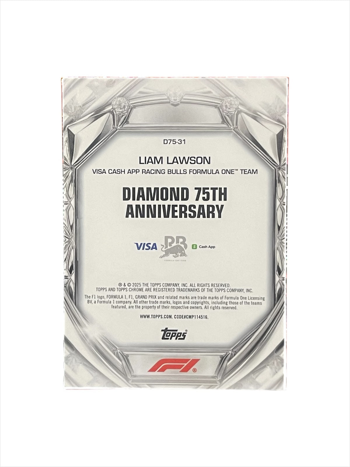 2025 Topps Chrome F1 Liam Lawson Diamond 75th Anniversary Gold /50