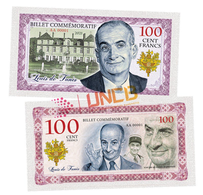 Louis de Funes 100 Cent Francs UNCB banknote by UNCB on MYNTED