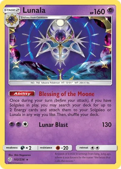 Lunala Cosmic Eclipse Holo Rare 102/236 by PokeSource on MYNTED