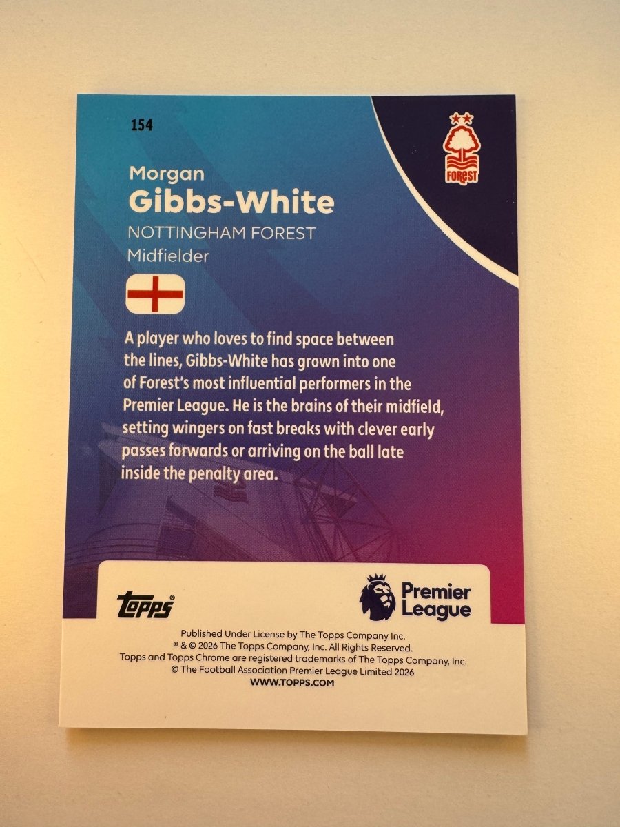 Morgan Gibbs - White 154 Pink Refractor 223/250 — 2026 Topps Chrome Premier League — Nottingham Forest by KitRoom Cards on MYNTED