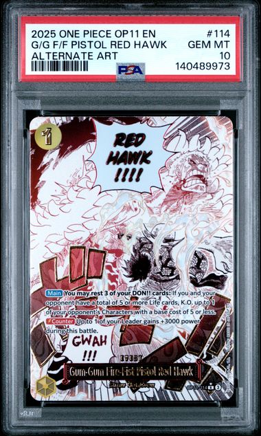 One Piece TCG: OP11-A FIST OF DIVINE SPEED 114 G/G F/F PISTOL RED HAWK ALTERNATE ART PSA 10 by FunDemons on MYNTED