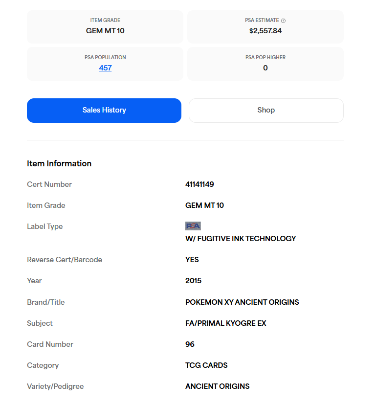 PSA 10 2015 POKEMON // PRIMAL KYOGRE EX #96 FULL ART // XY ANCIENT ORIGINS