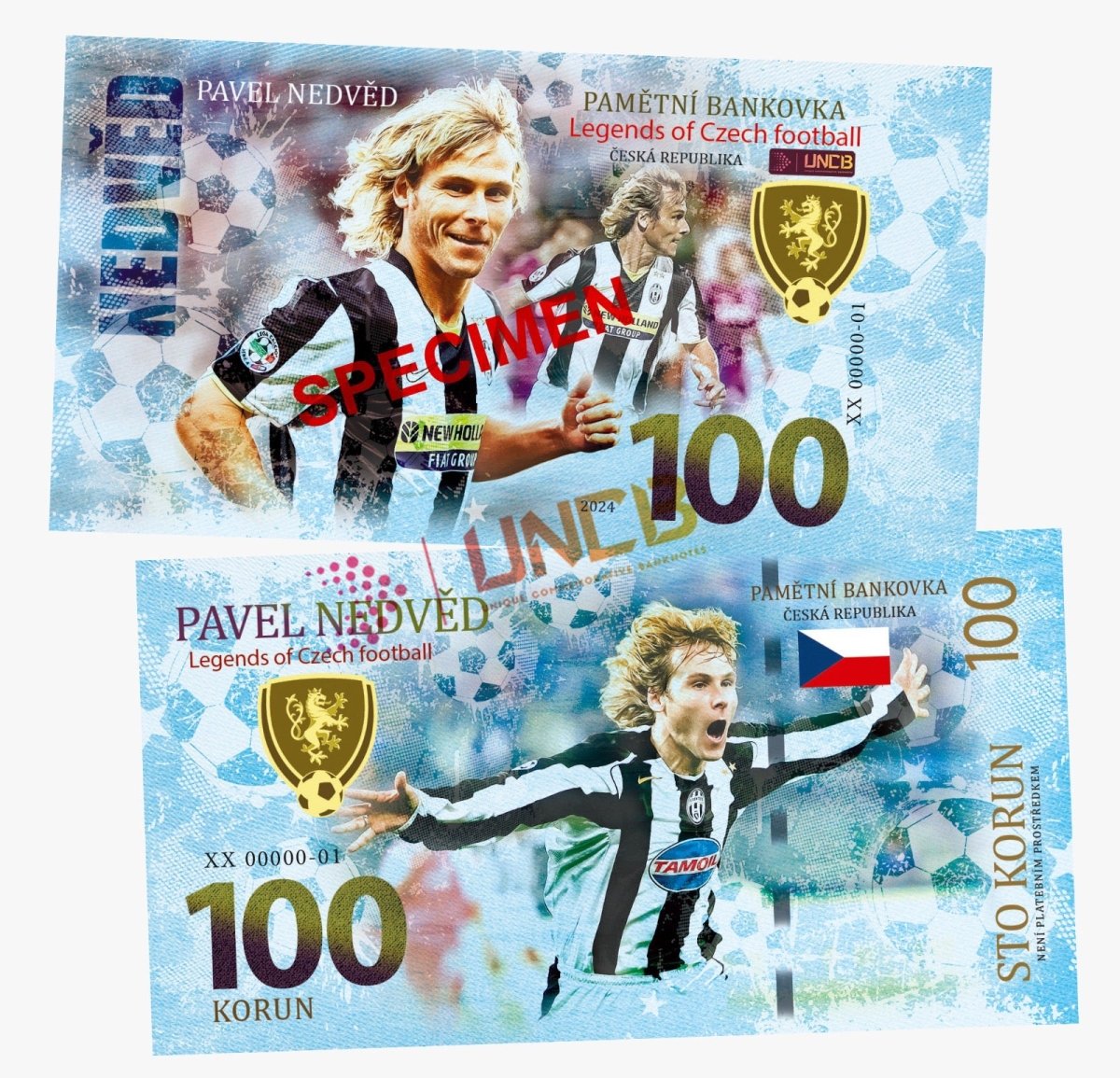 Pavel Nedved - SPECIMEN 100 Korun UNCB banknote by UNCB on MYNTED