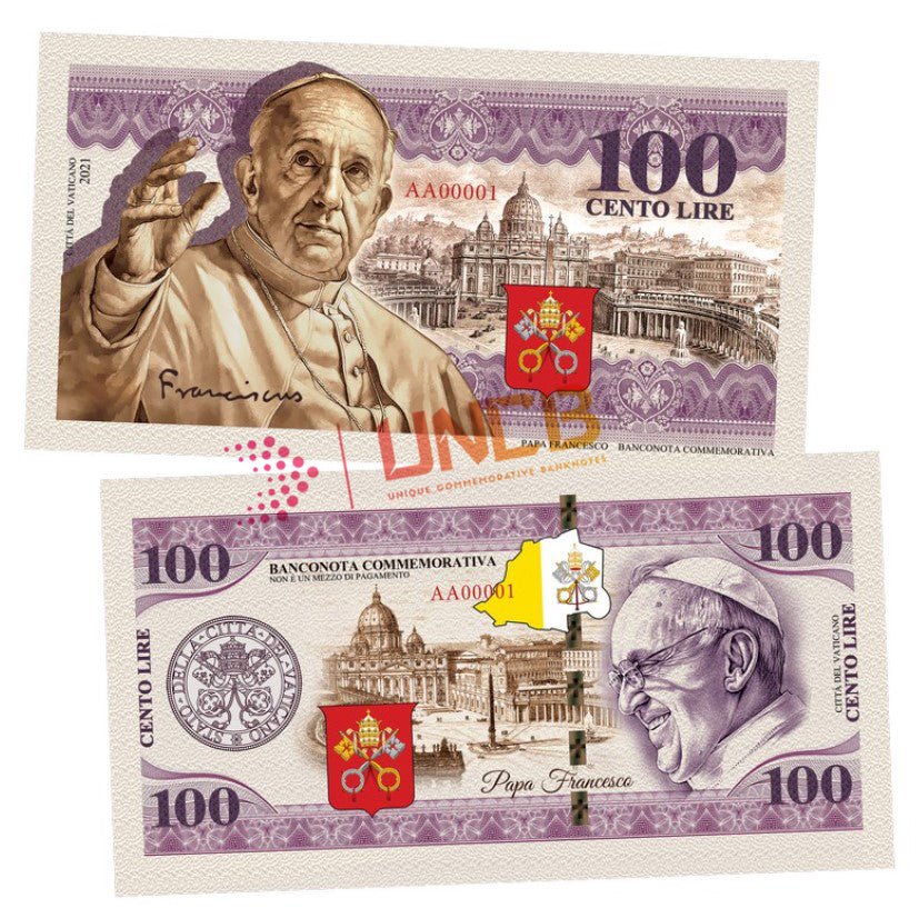 Pope Francis 100 Lira UNCB banknote by UNCB on MYNTED