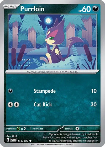 Purrloin 114/182 · Reverse Holofoil (Paradox Rift)