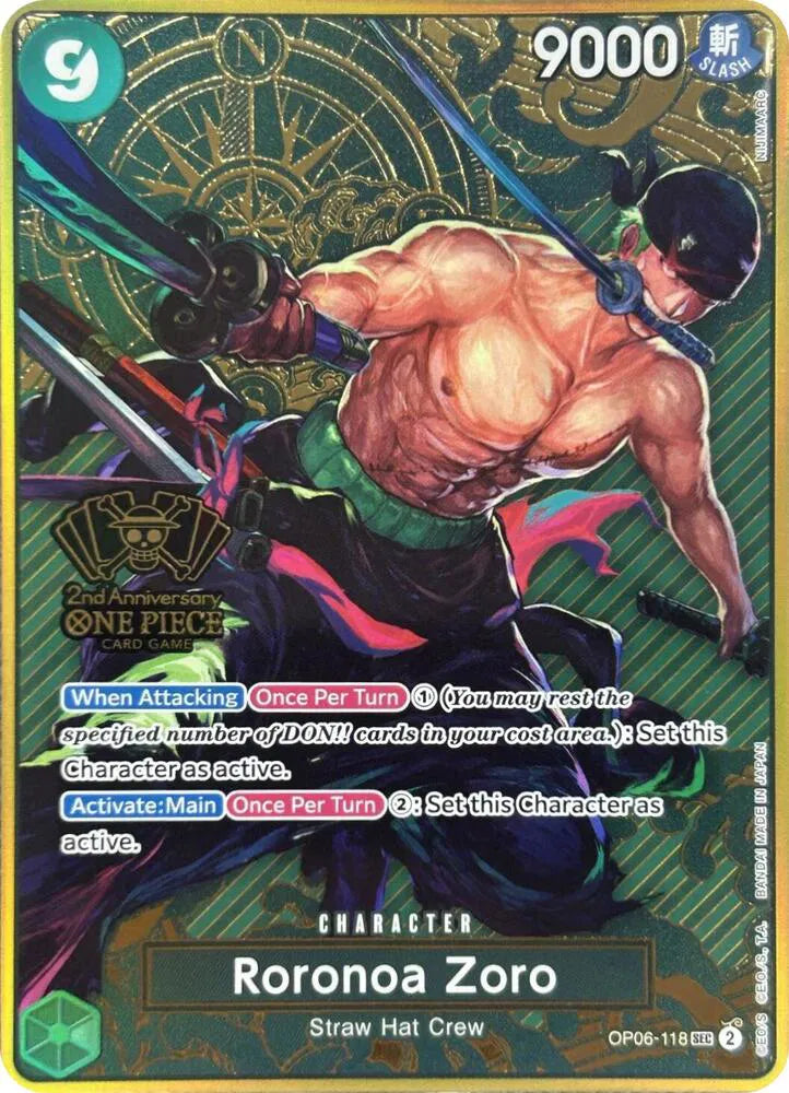 Roronoa Zoro (One Piece Japanese Version 2nd Anniversary Set) OP06-118 (One Piece Promotion Cards) — PSA 10