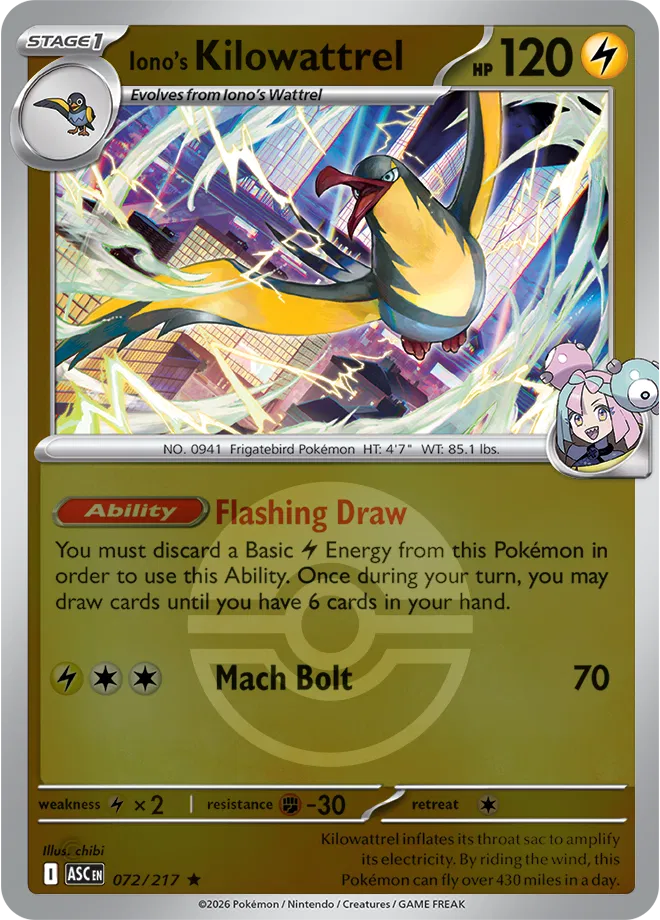 Iono's Kilowattrel (Poke Ball) 072/217 · Reverse Holofoil (Ascended Heroes)