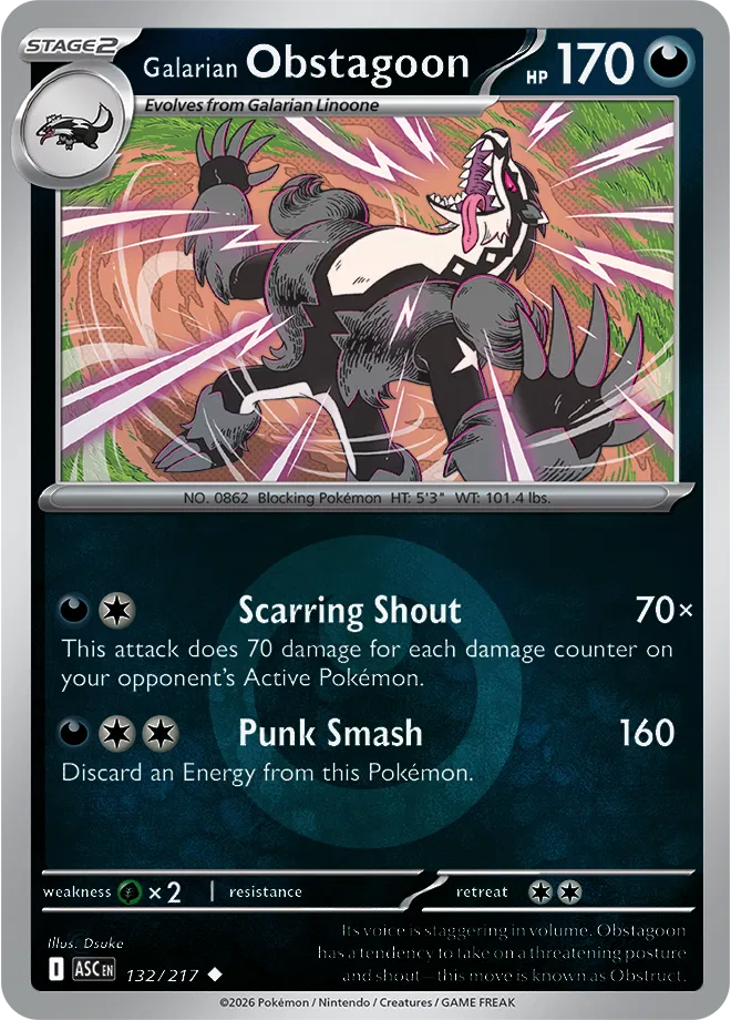 Galarian Obstagoon (Energy Symbol Pattern) 132/217 · Reverse Holofoil (Ascended Heroes)
