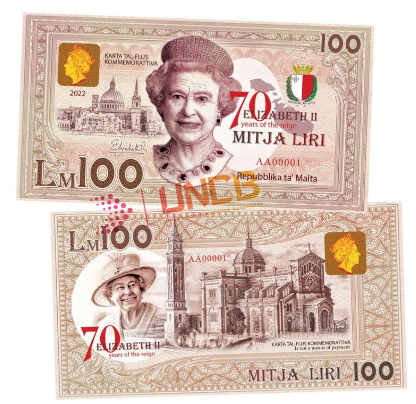 Queen Elizabeth II - 70 Years of Reign 100 Lira UNCB banknote by UNCB on MYNTED