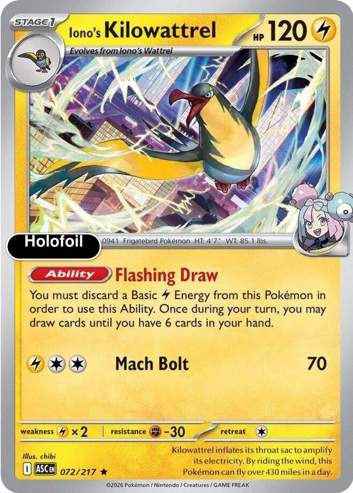 Iono's Kilowattrel Holofoil Rare 072/217 ASC