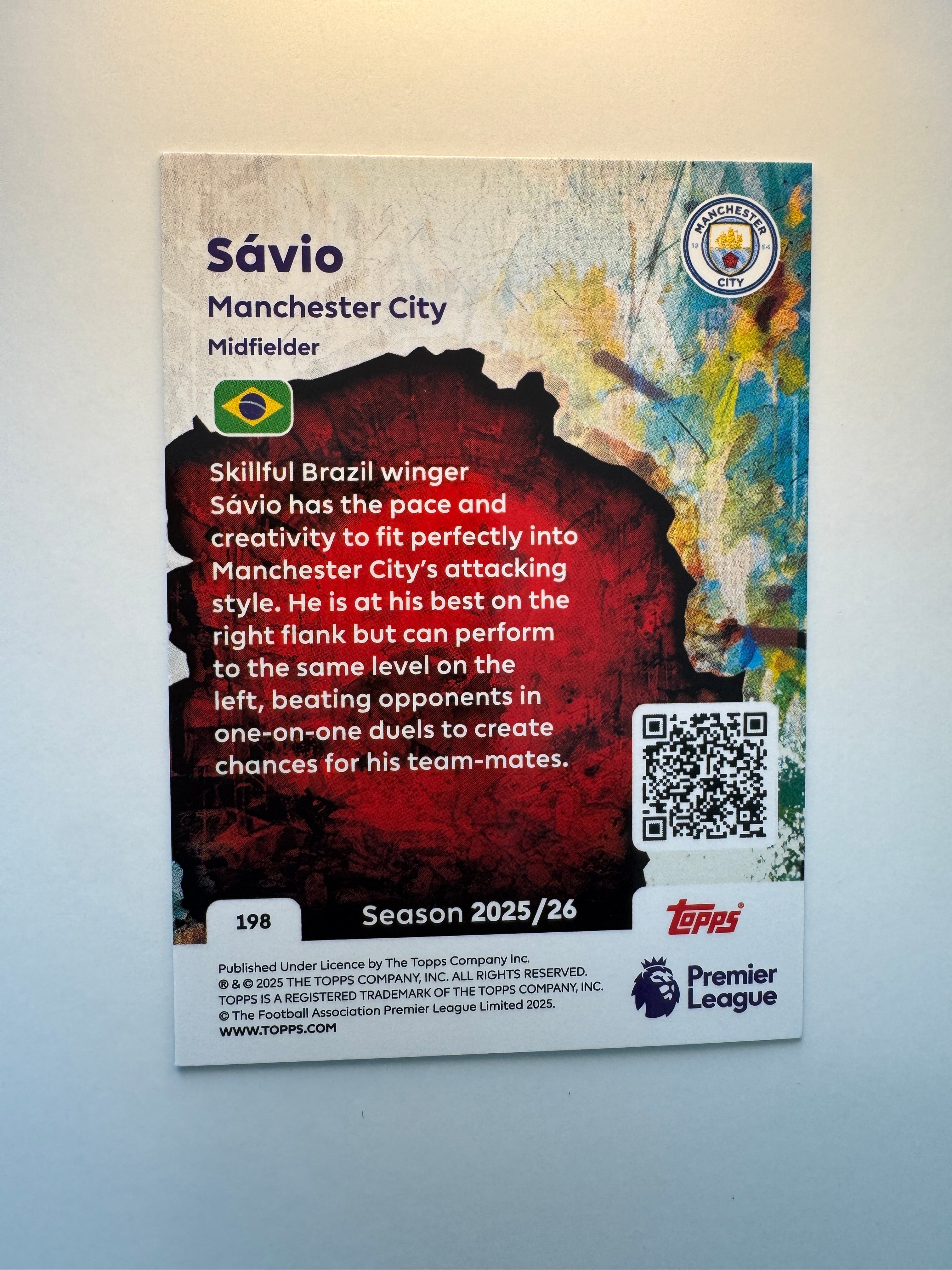 Savio #198 Tekkers Foil Insert — 2025-26 Topps Premier League — Manchester City