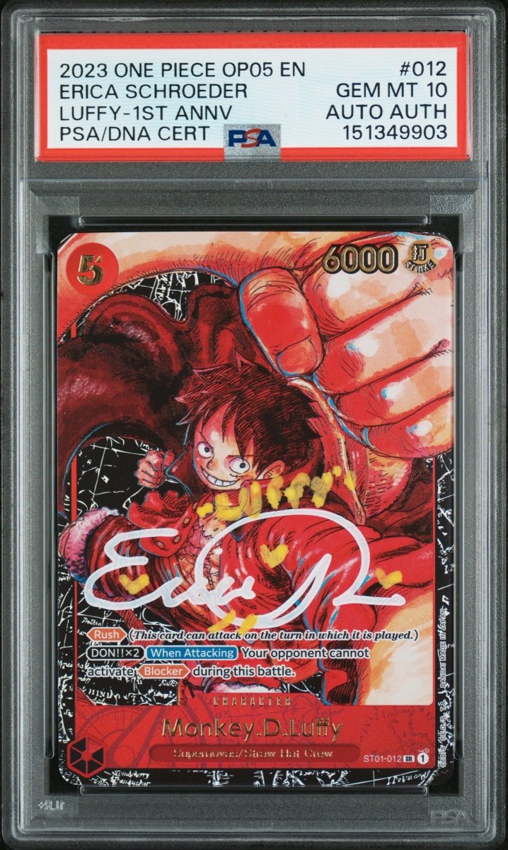 Signed by English Voice Actor ERICA SCHROEDER 2023 ONE PIECE OP05-AWAKENING OF THE NEW ERA 012 MONKEY D. LUFFY LUFFY-1ST ANNV by ICONTCG on MYNTED