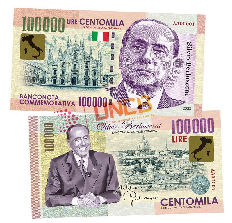 Silvio Berlusconi 100 000 Lira UNCB banknote by UNCB on MYNTED