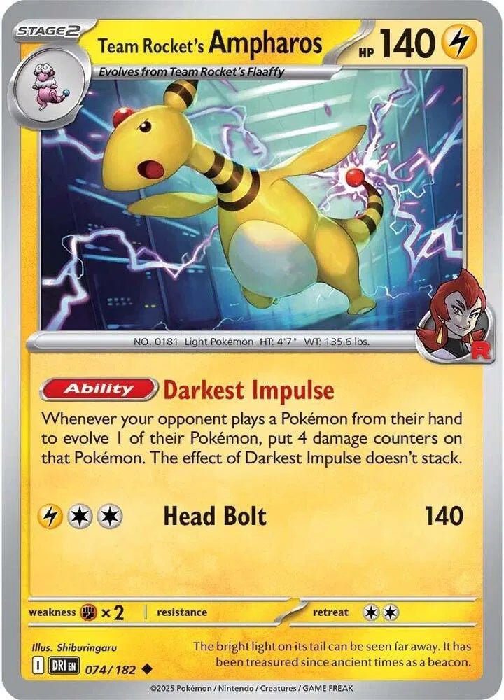 Team Rocket's Ampharos Destined Rivals Uncommon • 074/182 Reverse Holofoil by Shark Pop Culture on MYNTED