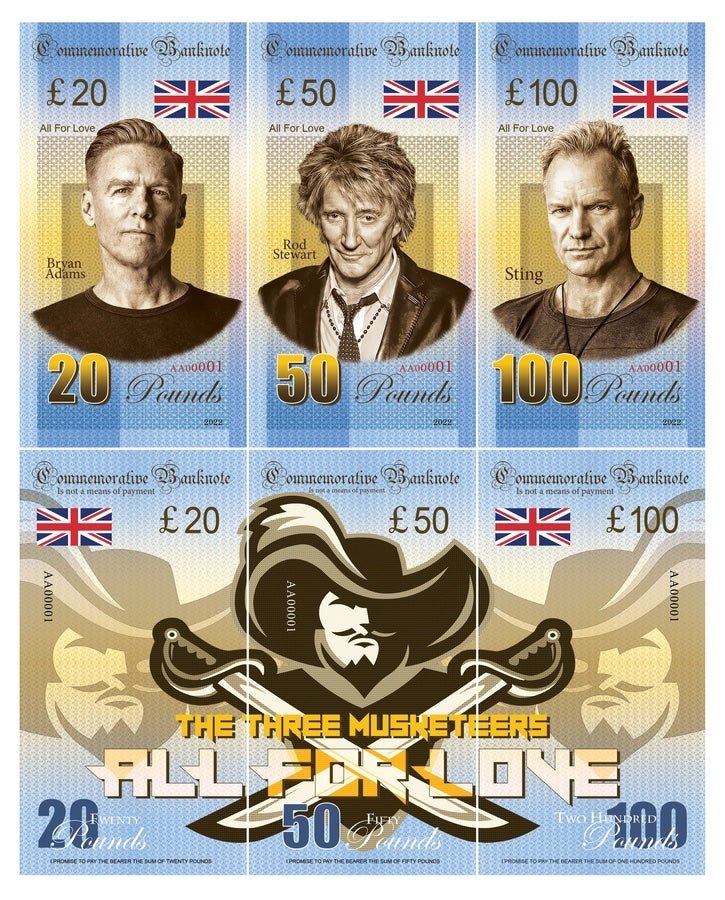THREE MUSKETEERS (Bryan Adams, Rod Stewart, Sting) _ set of 20, 50, 100 Pounds UNCB banknotes by UNCB on MYNTED