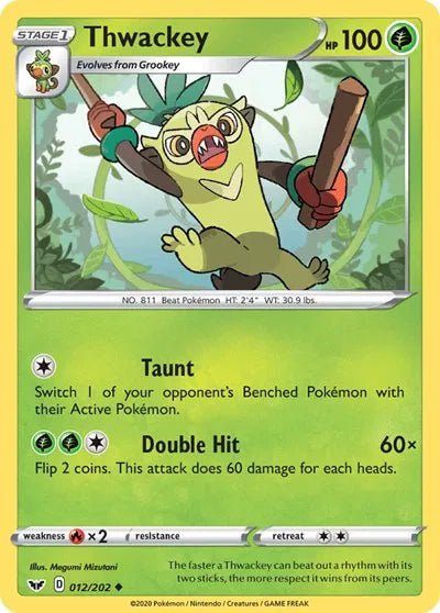 Thwackey (Reverse Holofoil) (012) Sword & Shield Base Set Uncommon 012/202 by PokeSource on MYNTED