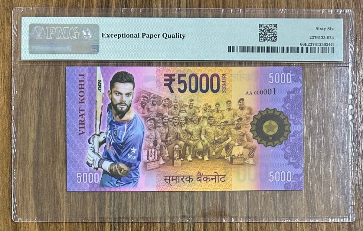 VIRAT KOHLI , Grade 66, S/N AA 000001 \ 5000 Rupees \ UNCB banknote by UNCB on MYNTED